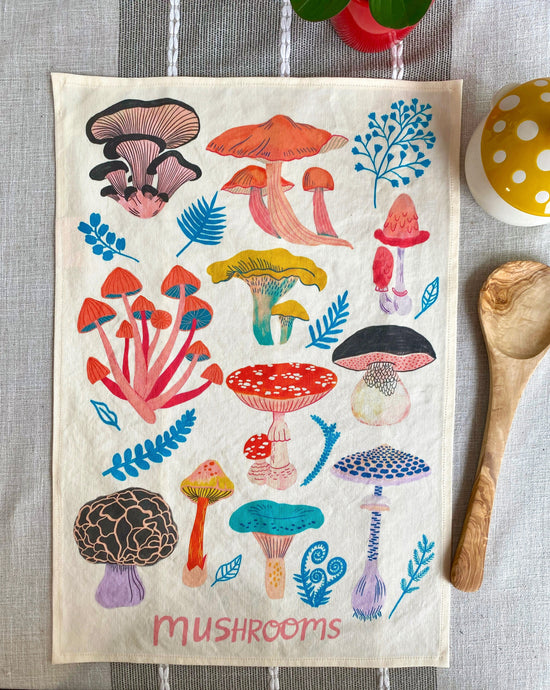 mushroom tea towel, kitchen decor, colorful fungi dish towel