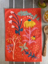 colorful handmade cotton linen tea towel. poppy red, yellow, pink, blue, pale pink