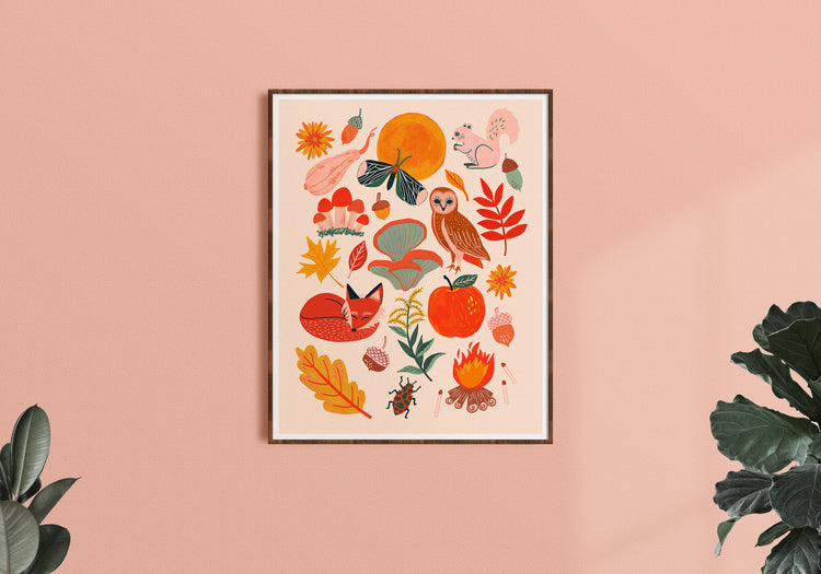 autumn art print, fall wall decor, squirrel, acorns, moth & harvest moon, owl, apples, campire, mushrooms, fox illustrations